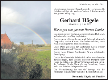 Traueranzeige von Gerhard Hägele von Haller Tagblatt