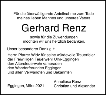 Traueranzeige von Gerhard Renz von SÜDWEST PRESSE Ausgabe Ulm/Neu-Ulm