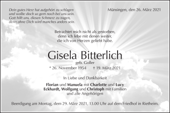 Traueranzeige von Gisela Bitterlich von Alb-Bote/Metzinger-Uracher Volksblatt