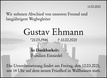 Traueranzeige von Gustav Ehmann von Hohenloher Tagblatt