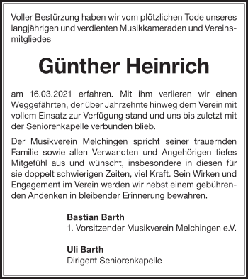 Traueranzeige von Günther Heinrich von Metzinger-Uracher Volksblatt