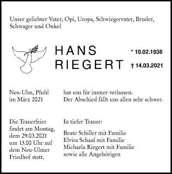 Traueranzeige von Han Riegert von SÜDWEST PRESSE Ausgabe Ulm/Neu-Ulm