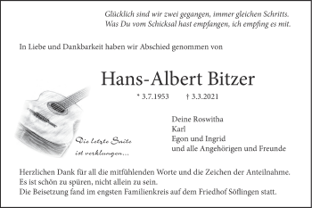 Traueranzeige von Hans-Albert Bitzer von SÜDWEST PRESSE Ausgabe Ulm/Neu-Ulm