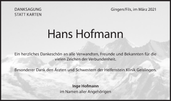 Traueranzeige von Hans Hofmann von Geislinger Zeitung