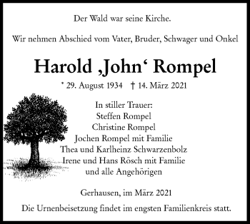 Traueranzeige von Harold Rompel von SÜDWEST PRESSE