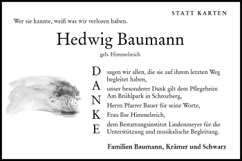 Traueranzeige von Hedwig Baumann von Hohenloher Tagblatt