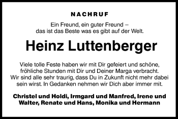 Traueranzeige von Heinz Luttenberger von Hohenloher Tagblatt