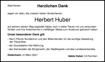 Traueranzeige von Herbert Huber von Illertal Bote