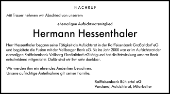 Traueranzeige von Hermann Hessenthaler von Haller Tagblatt