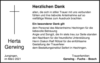 Traueranzeige von Herta Gerwing von Metzinger-Uracher Volksblatt