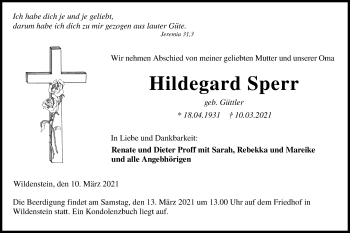 Traueranzeige von Hildegard Sperr von Hohenloher Tagblatt