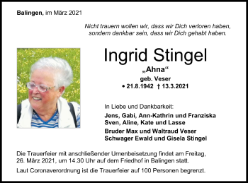 Traueranzeige von Ingrid Stingel von Metzinger-Uracher Volksblatt