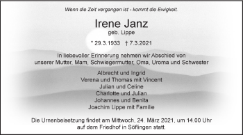 Traueranzeige von Irene Janz von SÜDWEST PRESSE Ausgabe Ulm/Neu-Ulm