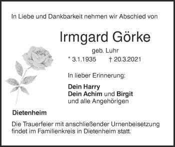 Traueranzeige von Irmgard Görke von Südwest Presse Trauer