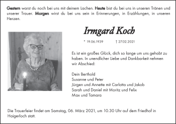 Traueranzeige von Irmgard Koch von Metzinger-Uracher Volksblatt