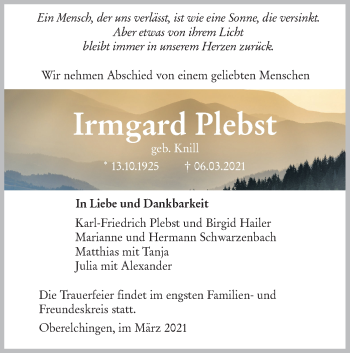 Traueranzeige von Irmgard Plebst von SÜDWEST PRESSE Ausgabe Ulm/Neu-Ulm