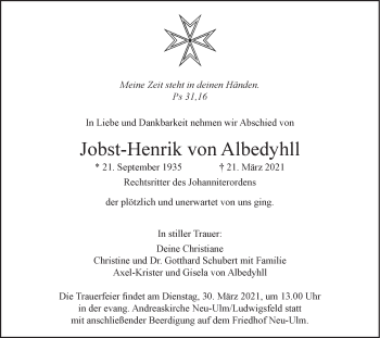 Traueranzeige von Jobst-Henrik von Albedyhll von SÜDWEST PRESSE Ausgabe Ulm/Neu-Ulm