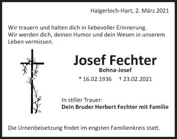 Traueranzeige von Josef Fechter von Metzinger-Uracher Volksblatt