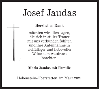 Traueranzeige von Josef Jaudas von Alb-Bote/Metzinger-Uracher Volksblatt