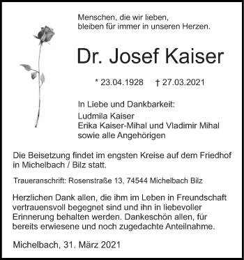 Traueranzeige von Josef Kaiser von Haller Tagblatt