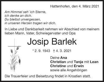 Traueranzeige von Josip Barlek von NWZ Neue Württembergische Zeitung