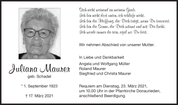 Traueranzeige von Juliana Maurer von SÜDWEST PRESSE Ausgabe Ulm/Neu-Ulm