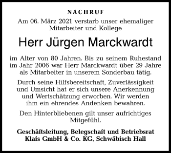 Traueranzeige von Jürgen Marckwardt von Haller Tagblatt