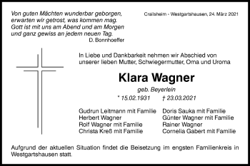 Traueranzeige von Klara Wagner von Hohenloher Tagblatt