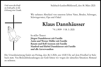 Traueranzeige von Klaus Dannhäusser von Rundschau Gaildorf