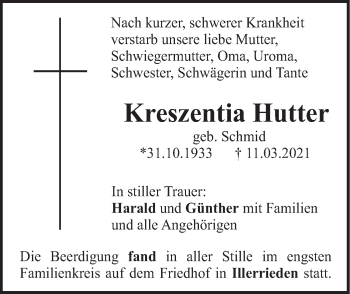 Traueranzeige von Kreszentia Hutter von Illertal Bote