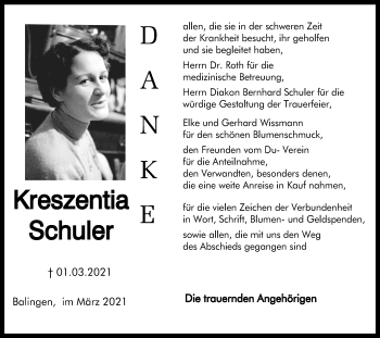 Traueranzeige von Kreszentia Schuler von Metzinger-Uracher Volksblatt