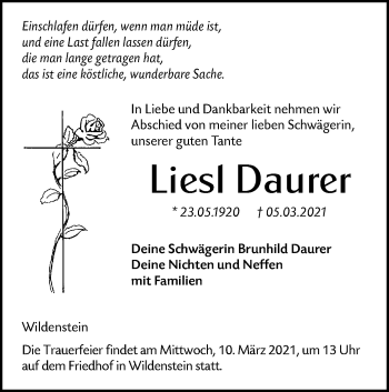 Traueranzeige von Liesl Daurer von Hohenloher Tagblatt