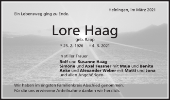 Traueranzeige von Lore Haag von NWZ Neue Württembergische Zeitung