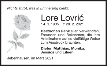 Traueranzeige von Lore Lovric von NWZ Neue Württembergische Zeitung