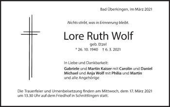 Traueranzeige von Lore Ruth Wolf von Geislinger Zeitung