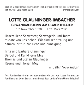 Traueranzeige von Lotte Glauninger-Imbacher von SÜDWEST PRESSE Ausgabe Ulm/Neu-Ulm