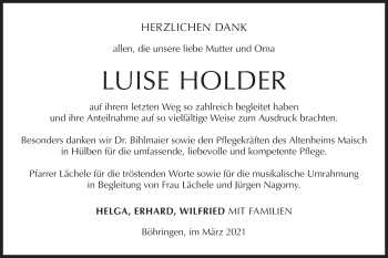 Traueranzeige von Luise Holder von Alb-Bote/Metzinger-Uracher Volksblatt