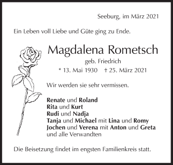 Traueranzeige von Magdalena Rometsch von Alb-Bote/Metzinger-Uracher Volksblatt