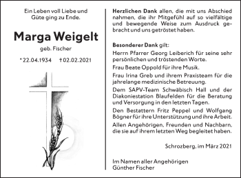 Traueranzeige von Marga Weigelt von Hohenloher Tagblatt