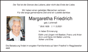 Traueranzeige von Margaretha Friedrich von Illertal Bote