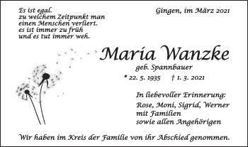 Traueranzeige von Maria Wanzke von Geislinger Zeitung