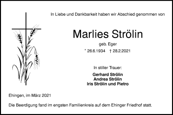 Traueranzeige von Maries Strölin von Ehinger Tagblatt