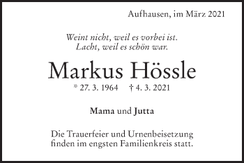 Traueranzeige von Markus Hössle von Geislinger Zeitung