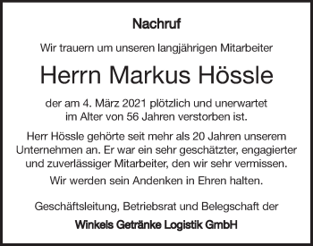 Traueranzeige von Markus Hössle von Geislinger Zeitung