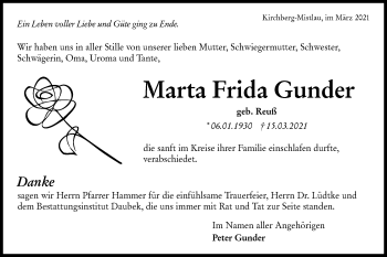 Traueranzeige von Marta Frida Gunder von Hohenloher Tagblatt