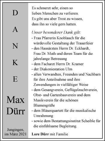 Traueranzeige von Max Dürr von SÜDWEST PRESSE Ausgabe Ulm/Neu-Ulm