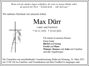 Traueranzeige von Max Dürr von SÜDWEST PRESSE Ausgabe Ulm/Neu-Ulm