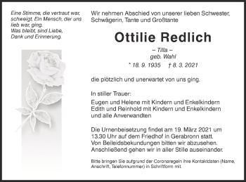 Traueranzeige von Ottilie Redlich von Hohenloher Tagblatt