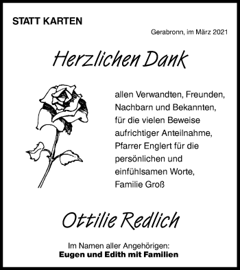 Traueranzeige von Ottilie Redlich von Hohenloher Tagblatt