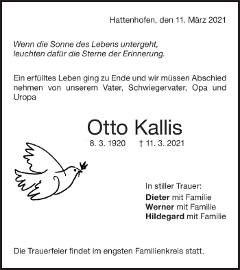 Traueranzeige von Otto Kallis von NWZ Neue Württembergische Zeitung